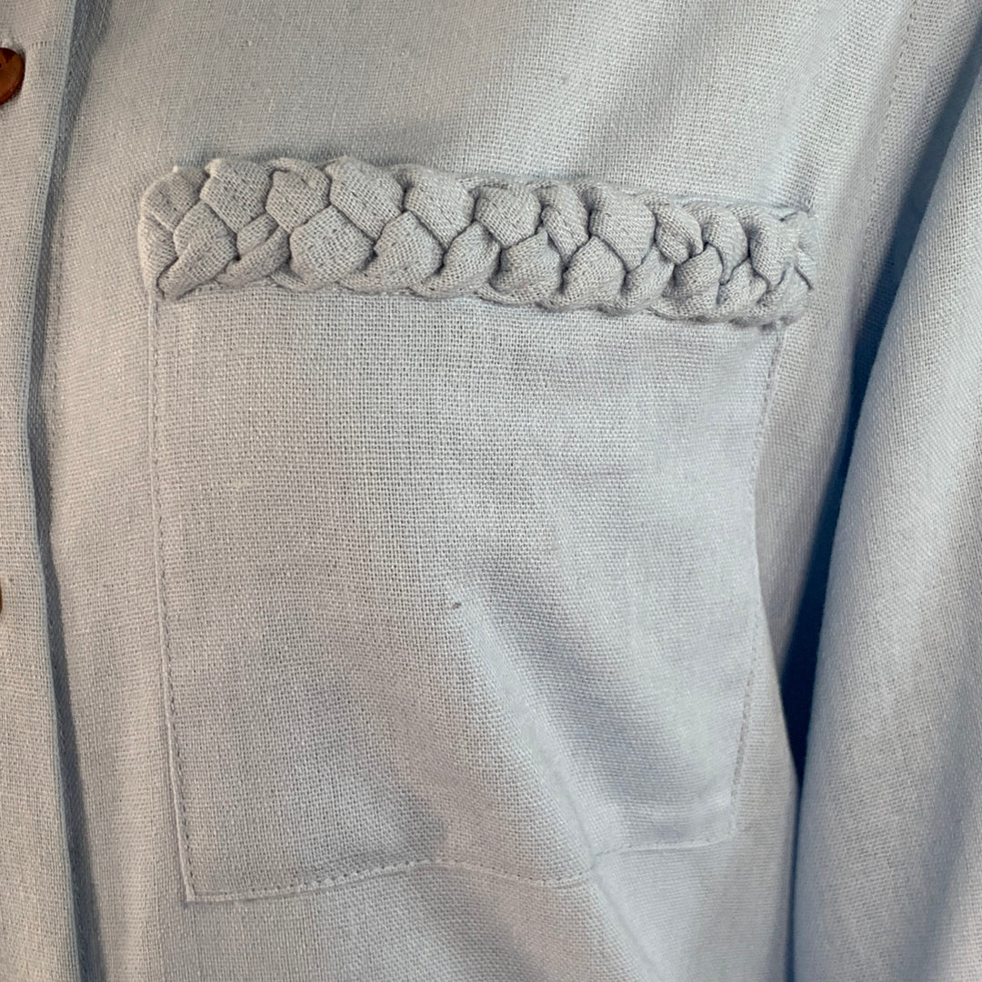 USISI.SISTER Size S Blue Cotton Linen One Pocket Braided Trim Blouse