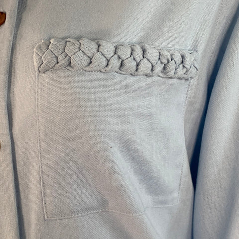 USISI.SISTER Size S Blue Cotton Linen One Pocket Braided Trim Blouse