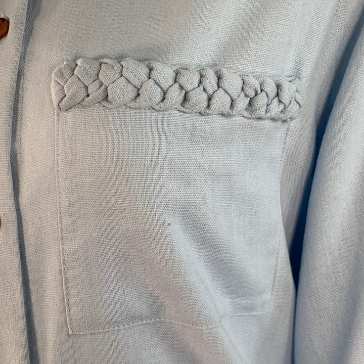 USISI.SISTER Size S Blue Cotton Linen One Pocket Braided Trim Blouse