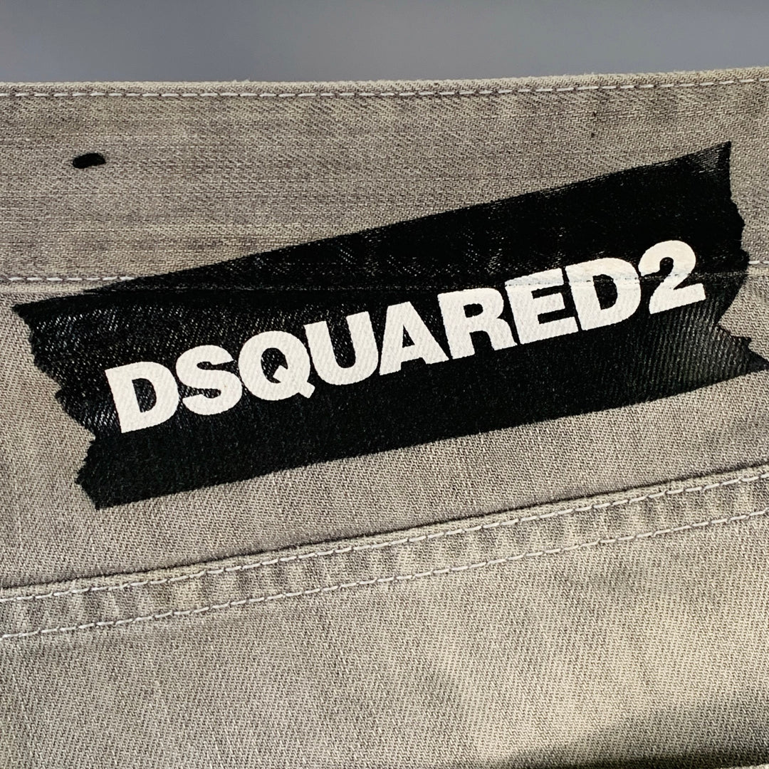 DSQUARED2 Size 32 Grey Distressed Cotton Blend Paint Splatter Straight Button Fly Jeans