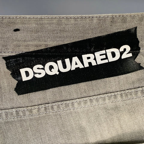 DSQUARED2 Size 32 Grey Distressed Cotton Blend Paint Splatter Straight Button Fly Jeans