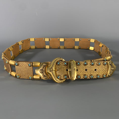 NANNI Waist Size 36 Gold Crackled Leather Trim Metallic Metal Belt