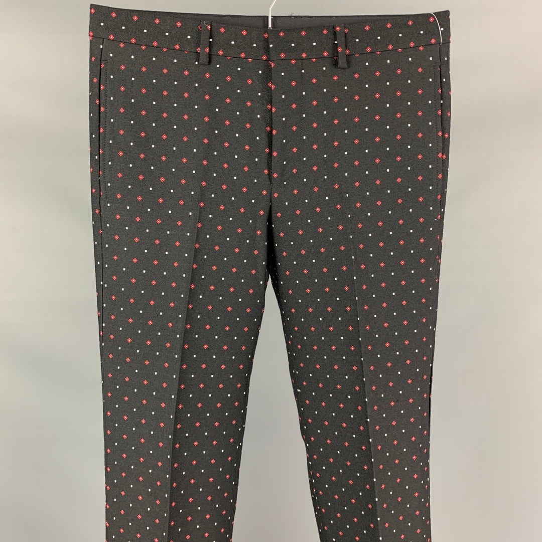 GIVENCHY Size 32 Black Red Rhombus Print Wool Blend Zip Fly Dress Pants