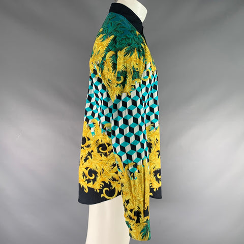 VERSACE JEANS Size S Green Gold Print Cotton Button Up Long Sleeve Shirt