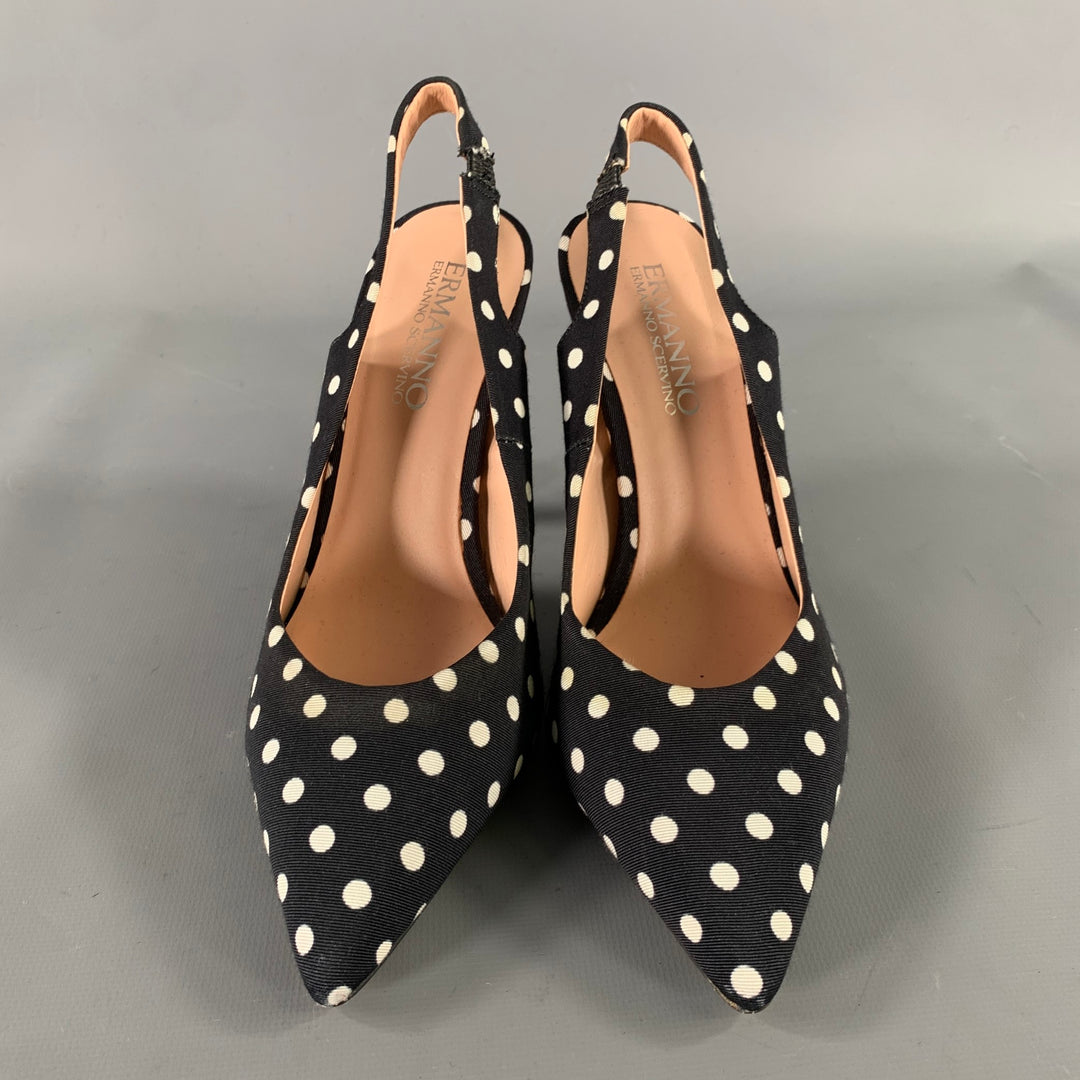 ERMANNO SCERVINO Size 7 Black White Canvas Polka Dot Slingback Pumps