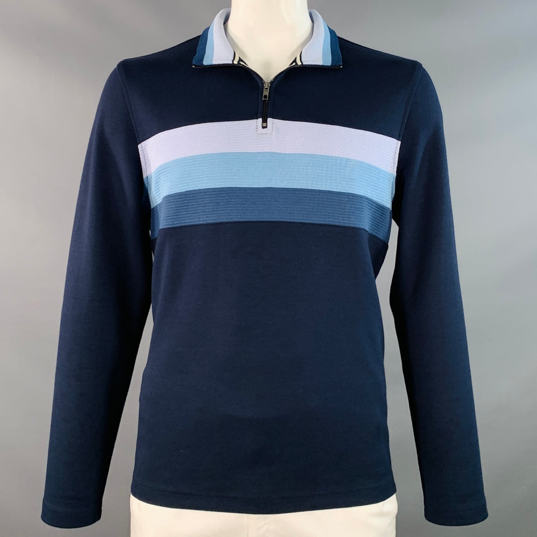 TED BAKER Size L Longman Navy Blue White Stripe Polyester Blend 1/4 Zip Sweatshirt
