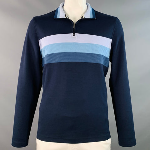 TED BAKER Size L Longman Navy Blue White Stripe Polyester Blend 1/4 Zip Sweatshirt
