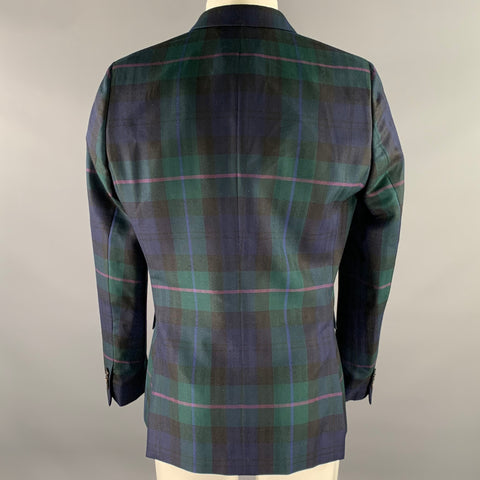 PAUL SMITH Size 40 Green Navy Tartan Wool Silk Notch Lapel Sport Coat