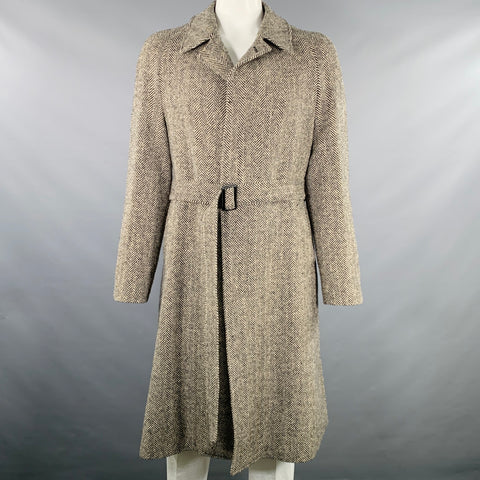 O'CONNELL'S Size L Cream Black Herringbone Belted Raglan Coat