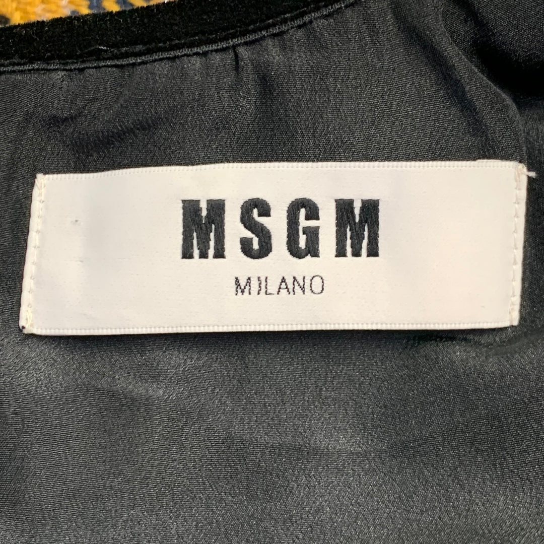 MSGM Size 8 Yellow Black Silver Wool Blend Ruffle Plaid Mini Dress