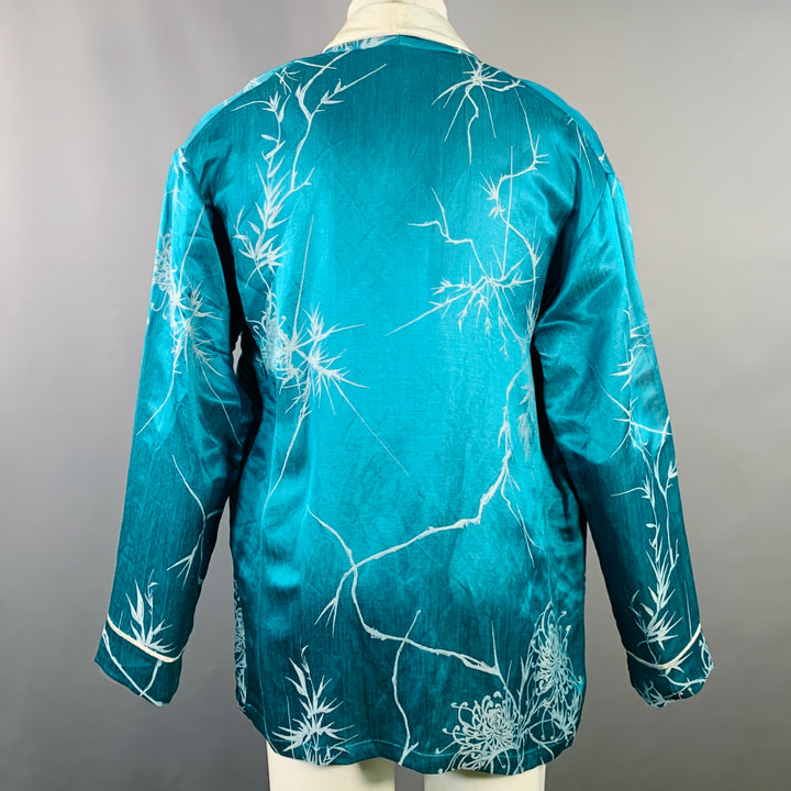 HAIDER ACKERMANN Size S Teal White Jacquard Linen Silk Shawl Collar Jacket
