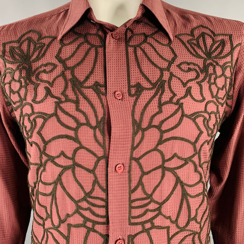 JUST CAVALLI Size L Burgundy Black Embroidery Cotton Silk Long Sleeve Shirt