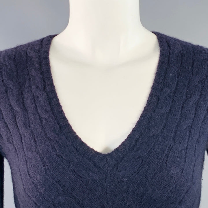 RALPH LAUREN Size S Navy Cashmere Cable Knit Slim Fit V-Neck Sweater