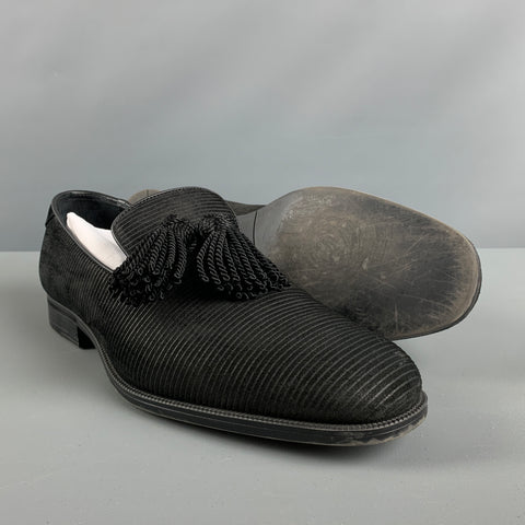 JIMMY CHOO Size 10.5 Black Stripe Suede Tassels Loafers