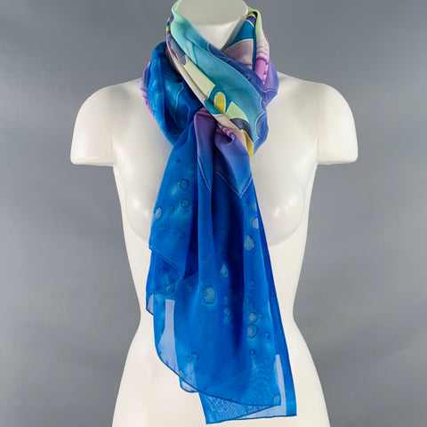 NO BRAND Blue Multi Color Watercolor Fish Scarf Shawl