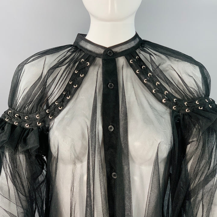 NOIR KEI NINOMIYA Size S Black Polyamide Tulle Collarless Bell Sleeves Blouse