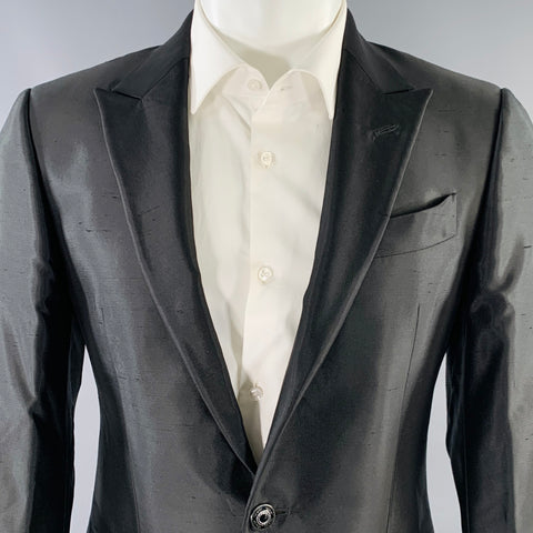 CARLO PIGNATELLI Size 38 Long Black Textured Acetate Silk Sport Coat