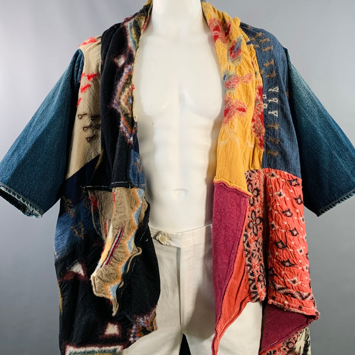 KAPITAL One Size Blue Multi Color Patchwork Cotton Open Front Coat