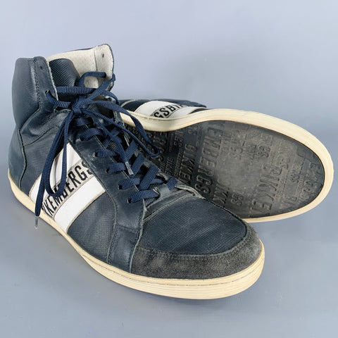BIKKEMBERGS Size 10 Navy White Perforated Leather High Top Sneakers