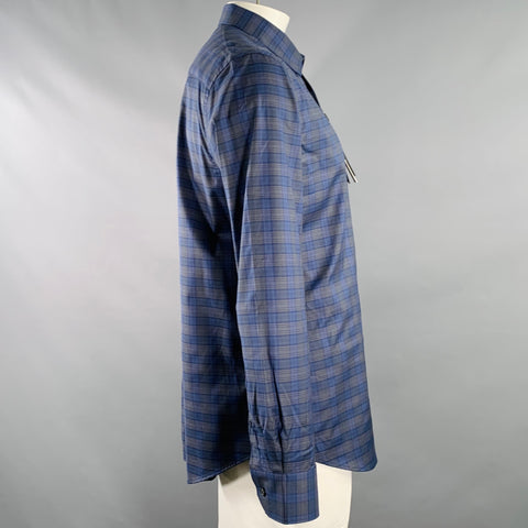 BUGATCHI Size XL Blue Grey Plaid Cotton Blend Long Sleeve Shirt