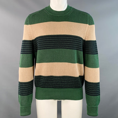 DUNHILL Size M Green Beige Stripe Cotton Crew Neck Sweater