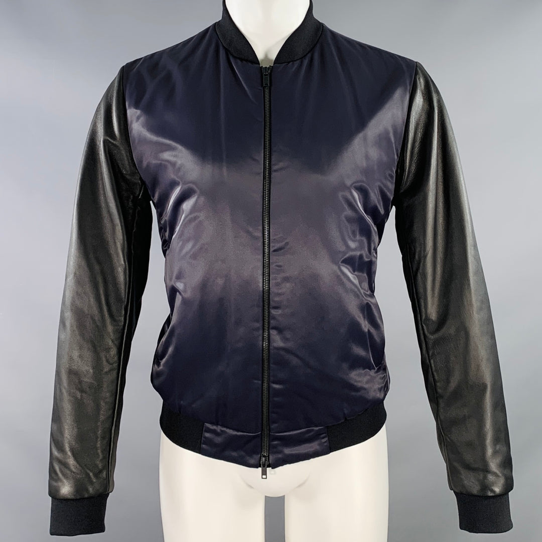 THEORY Size M Navy Black Two Toned Polyamide Lambskin Leather Varsity Jacket