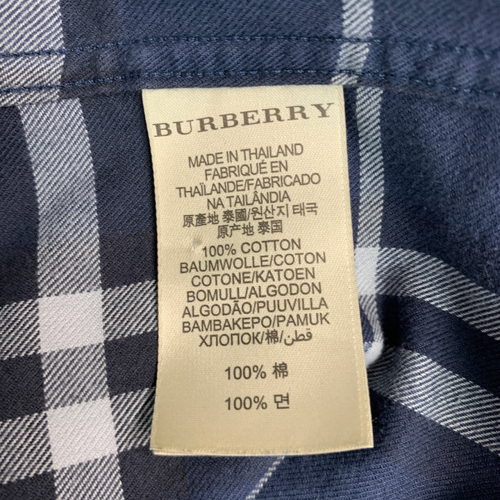 BURBERRY Size L Navy Grey Plaid Cotton Button Up Long Sleeve Shirt