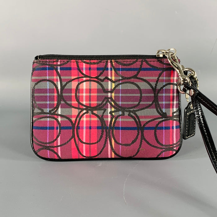 COACH Burgundy Black Plaid Patent Leather Fabric Wristlet