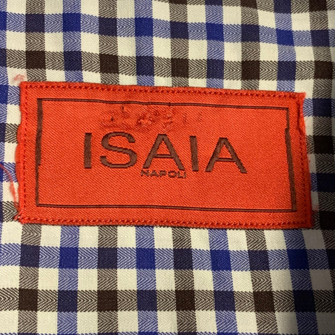 ISAIA Size XL White Blue Brown Plaid Cotton Button Up Long Sleeve Shirt