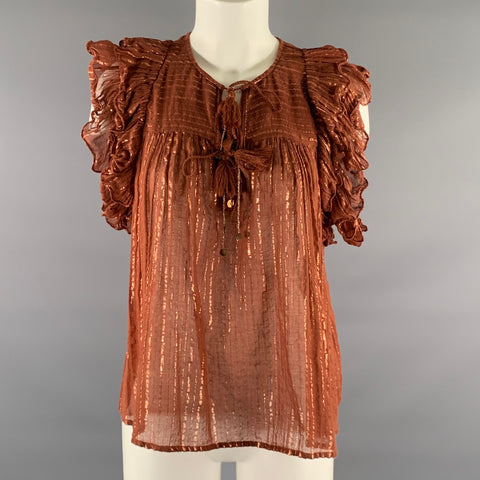 ULLA JOHNSON Size 6 Rust Cotton Blend Stripe Bohemian Blouse