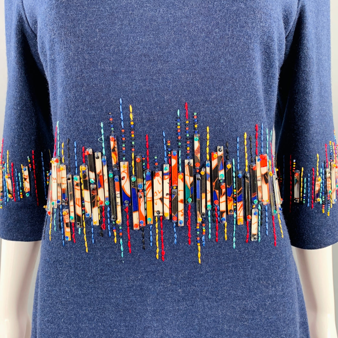 CAROLINA HERRERA Size 6 Blue Multi Color Wool Beaded Back Zip Dress