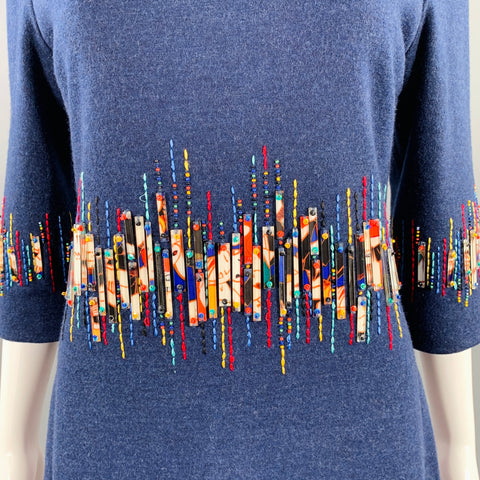 CAROLINA HERRERA Size 6 Blue Multi Color Wool Beaded Back Zip Dress