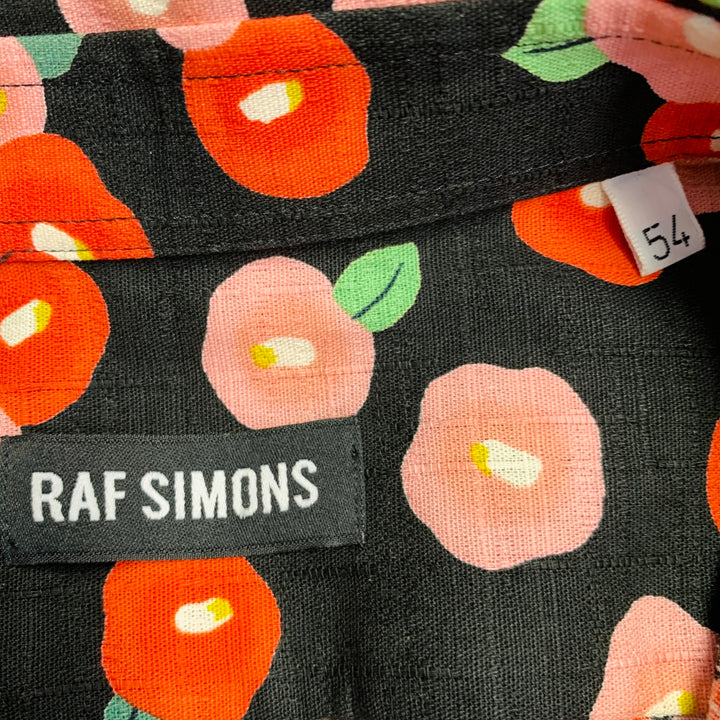 RAF SIMONS SS14 Runway Size 44 Black Red Pink Floral Poppy Cotton Button Up Short Sleeve Shirt