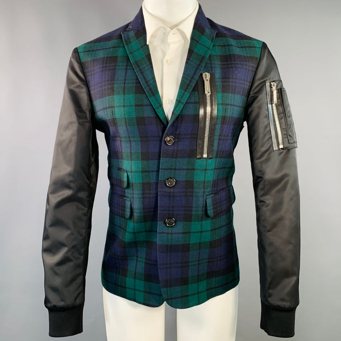 DSQUARED2 Size 40 Green Navy Black Blackwatch Plaid Wool Zippers Sport Coat