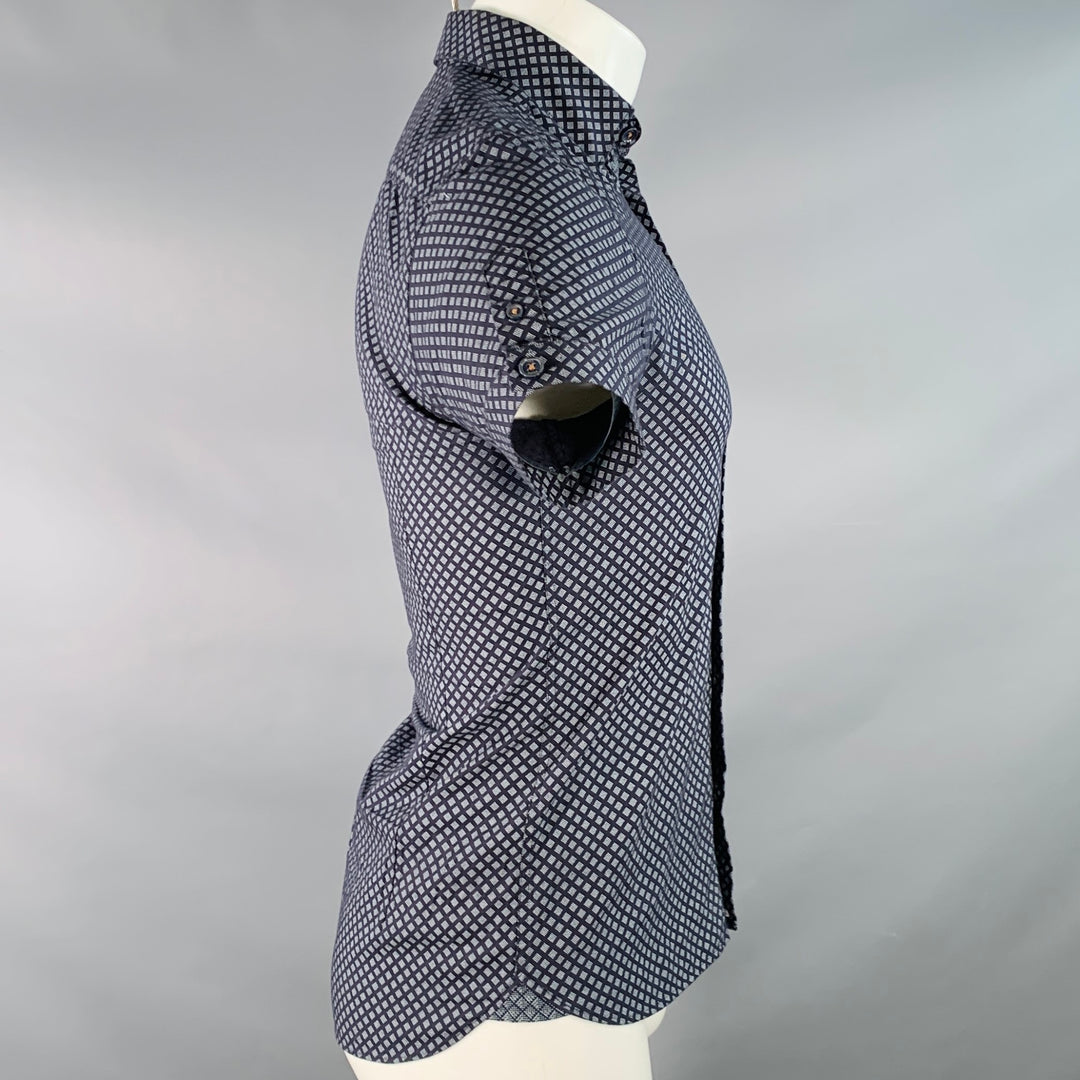TED BAKER Size XS Foresth Navy Grey Square Dots Cotton Spread Collar Short Sleeve Shirt