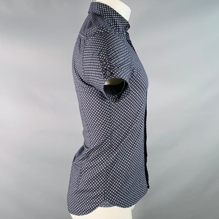 TED BAKER Size XS Foresth Navy Grey Square Dots Cotton Spread Collar Short Sleeve Shirt