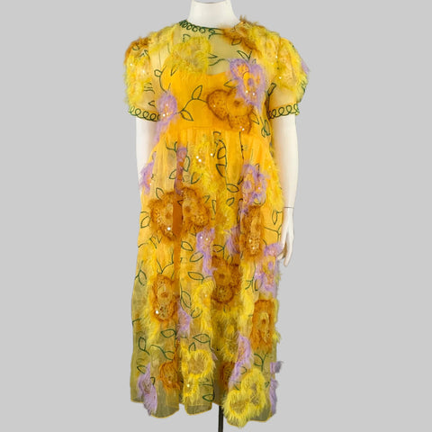 ASHISH Size L Yellow Lavender Floral Organza Ostrich Cocktail Dress