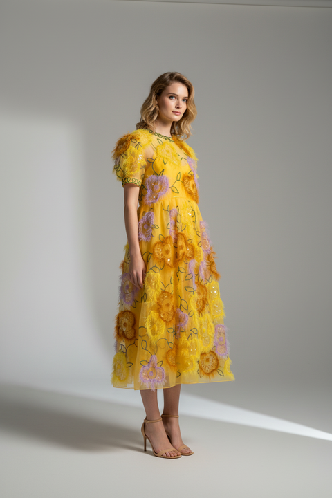 ASHISH Size L Yellow Lavender Floral Organza Ostrich Cocktail Dress