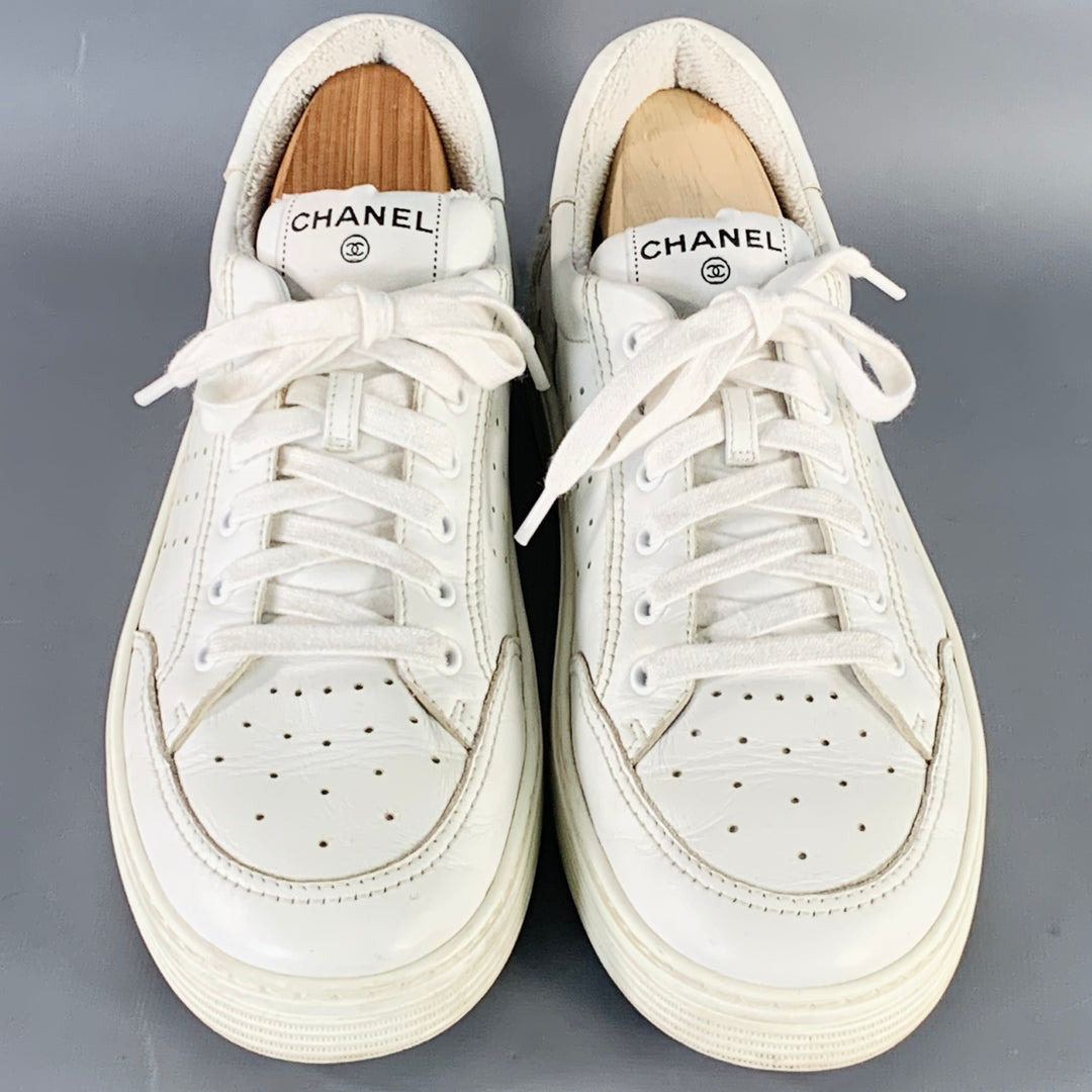 CHANEL Size 9 White Perforated Leather Logo Lace-Up Sneakers