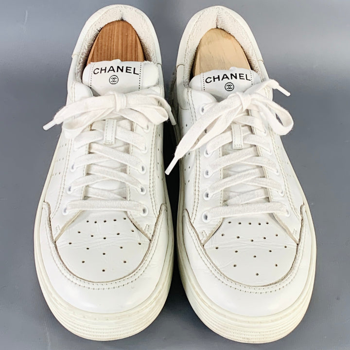 CHANEL Size 9 White Perforated Leather Logo Lace-Up Sneakers