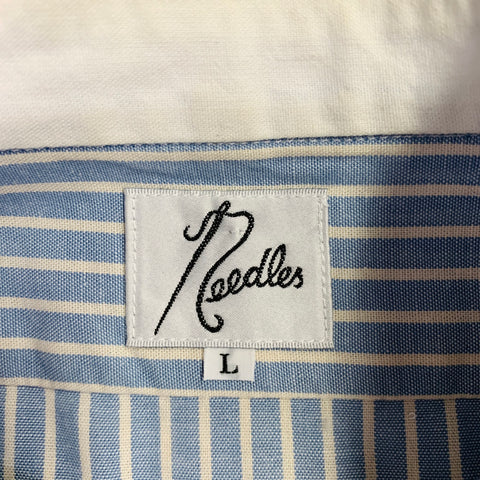 NEEDLES Size L Blue White Stripe Cotton Pleated Bib Collarless Long Sleeve Shirt