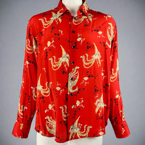BILLIONAIRE COUTURE Size XL Red Black Gold Phoenix Print Silk Long Sleeve Shirt