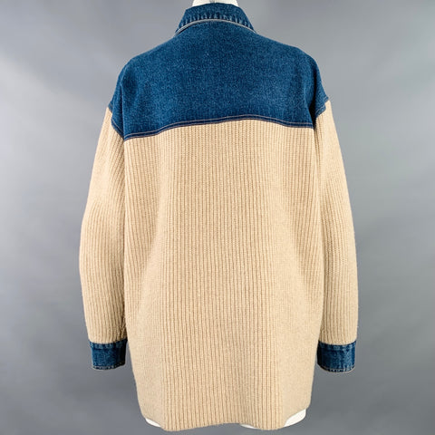 SANDRO Size M Beige Blue Mixed Fabrics Wool Blend Denim Jacket