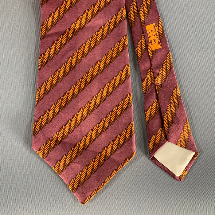HERMES Orange Burgundy Rope Silk Cashmere Tie