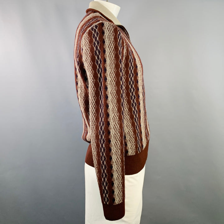 DRIES VAN NOTEN Size L Beige Orange Geometric Wool Zip Up Sweater