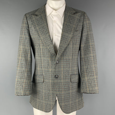 HUGO BOSS Chest Size 38 Grey Navy Plaid Cotton  Elastane Peak Lapel Sport Coat