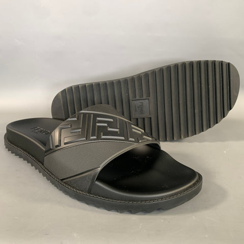 FENDI Size 12 Black Monogram Rubber Slide Sandals