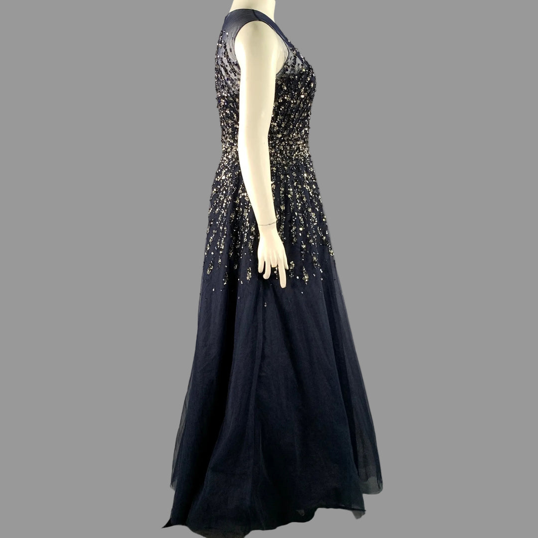 CAROLINA HERRERA Size 14 Navy Silver Nylon A-Line Long Gown