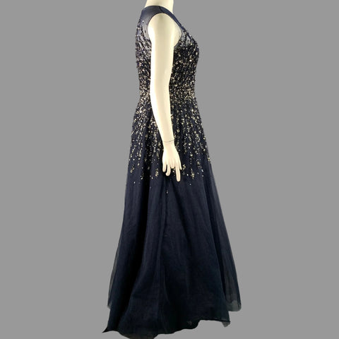 CAROLINA HERRERA Size 14 Navy Silver Nylon A-Line Long Gown