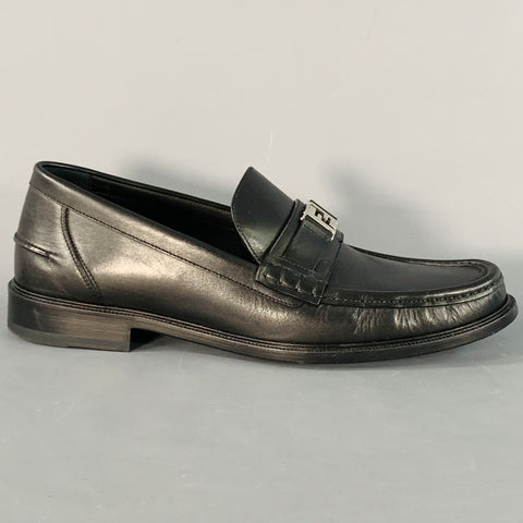 FENDI Size 13 Black Silver Calfskin Leather Monogram Buckle Slip On Loafers